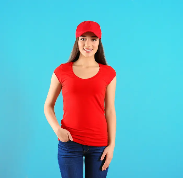 A Young Beautiful Girl Wearing Red T Shirt With Blue Jeans