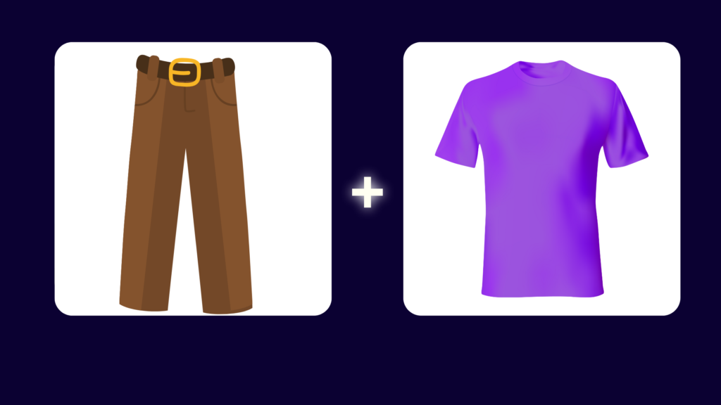 purple shirt with brown pants