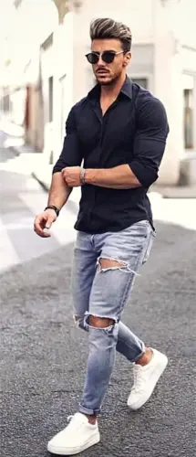 Black Shirt And Rugged Jeans Combination